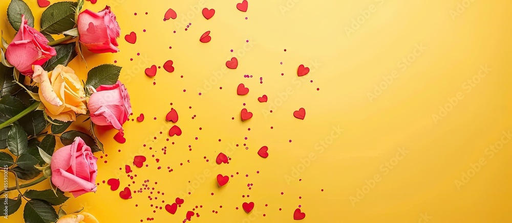 Aufkleber greeting composition with roses and hearts on yello background. pastel background. copy space image.