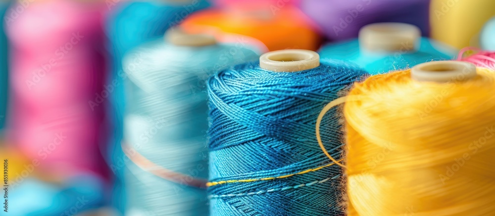 Poster colorful thread spool background, close-up. multi colored threads for sewing and needlework. copy sp