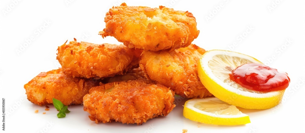 Poster chicken patties or fish cakes fried in breadcrumbs with ketchup and lemon slices. isolated on white 