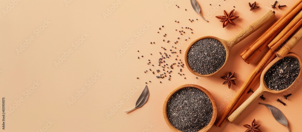 Poster sticks with poppy seeds on a pastel background with space for text. packaging, poster. copy space im