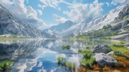 A peaceful view of a calm mountain lake, surrounded by towering peaks and reflected in the mirror-like surface of the water, providing a serene setting for meditation and contemplation