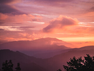 Beautiful misty mountain forest in sunset time