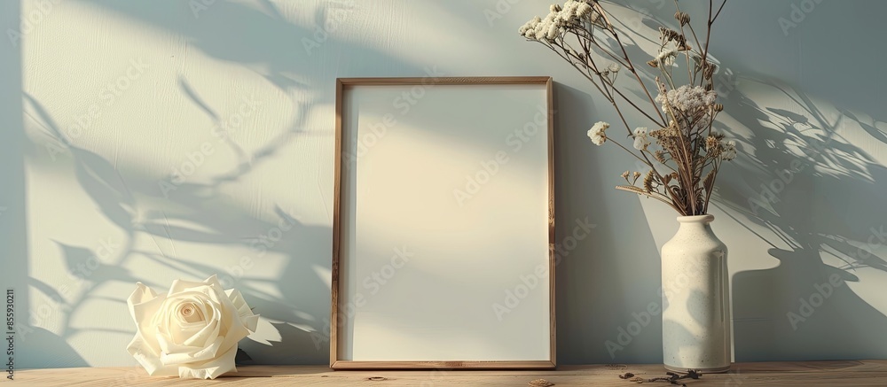 Poster template with photo frame on a wooden table. white rose. dried plants in vase. copy space image. pla