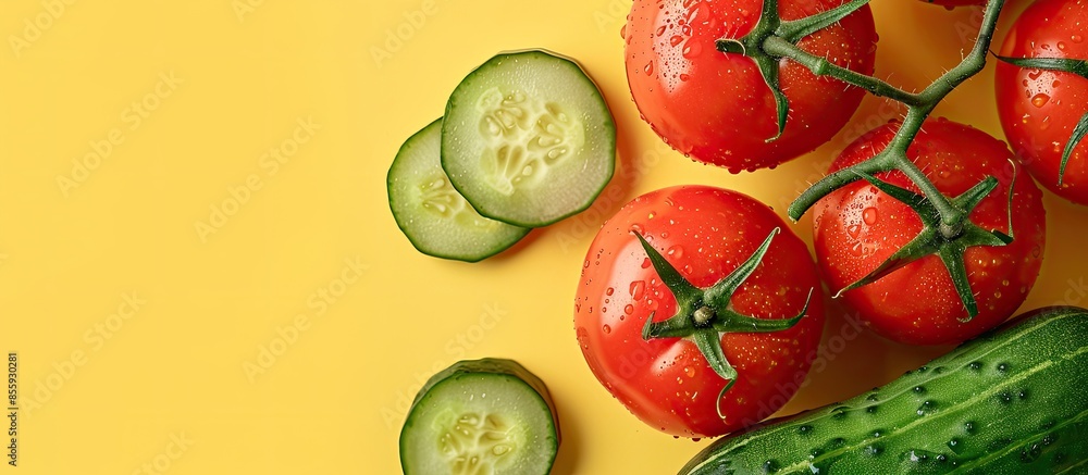 Aufkleber tomato and cucumber isolated on pastel background food. copy space image. place for adding text and 