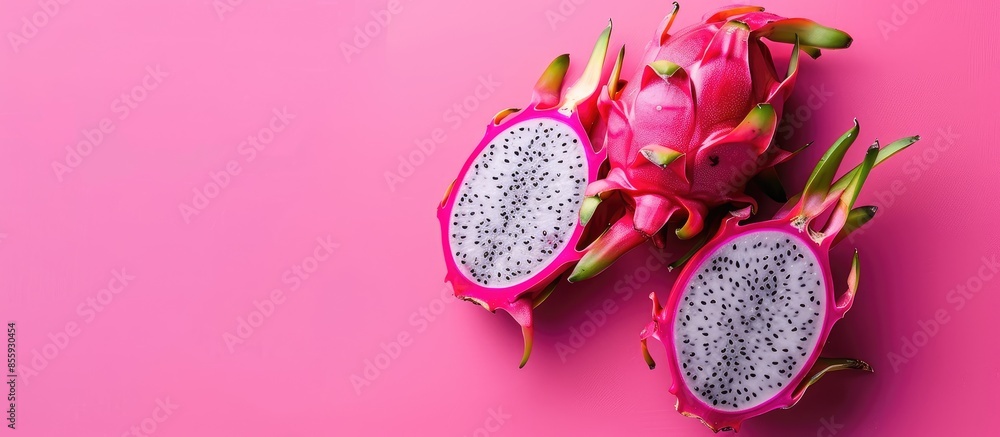 Poster dragon fruit isolated on pastel background design food. copy space image. place for adding text and 