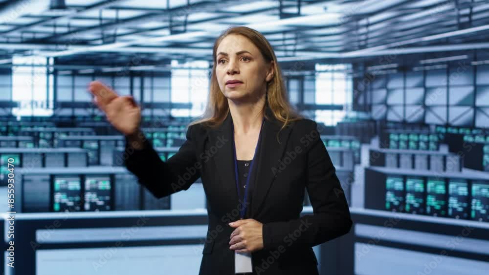 Poster system administrator in high tech data center looking at hologram visualization. computer scientist 