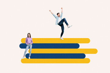 Creative collage young man woman achieve goal success career promotion leadership celebrate victory...