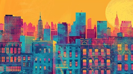 Vibrant abstract cityscape showcasing colorful buildings against an orange sky, capturing urban energy and artistic flair.