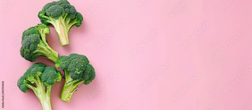 Poster broccoli isolated on pastel background food isolated. copy space image. place for adding text and de