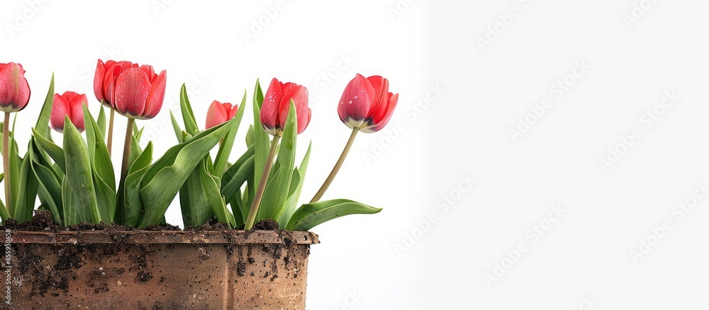 Poster potted garden spring red tulips on white background. copy space image. place for adding text and des