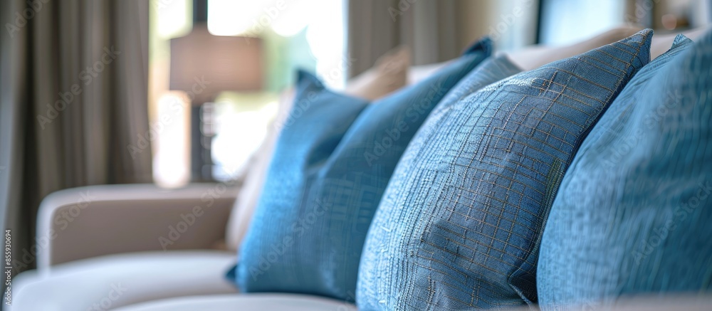 Poster close up detail of blue pillow on sofa in a home. copy space image. place for adding text and design
