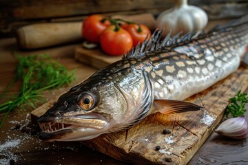 Gar fish on the rustic wooden board in the kitchen. Ai generative