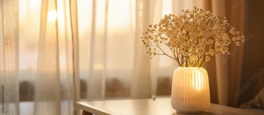 Aufkleber stylish catalytic lamp with gypsophila on table in room. cozy interior. copy space image. place for 