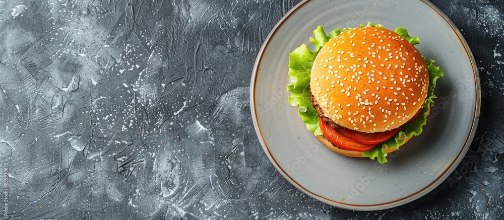 Poster banner with vegan cheeseburger on a gray plate, copy space. copy space image. place for adding text 