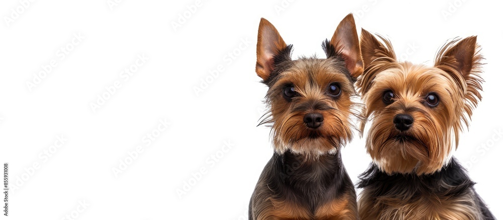 Poster two beautiful yorkrshire terriers together in studio in front of white background. copy space image.