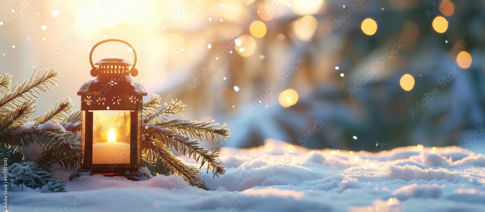 Aufkleber christmas lantern on snow with fir branch in the sunlight. winter decoration background. copy space 