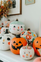 white pumpkins with painted faces and designs, arranged on a mantelpiece. The pumpkins are styled to look like various Halloween characters