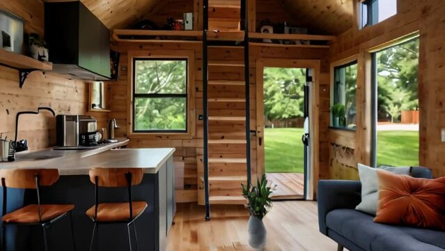 Modern Tiny Home Interior with Kitchen, Living Area, and Outdoor Access