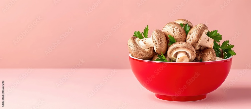 Poster Shiitake mushrooms in red bowl with Parsley on pastel background. Copy space image. Place for adding text and design