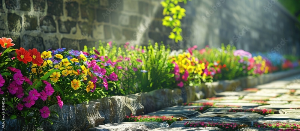 Poster in spring, the flower beds on the side of the stone square in the park. copy space image. place for 