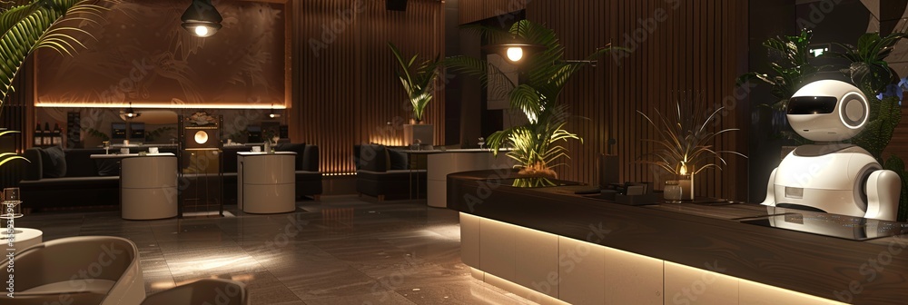 Poster a sleek, modern hotel lobby features an ai-powered robot interacting with customers, enhancing servi