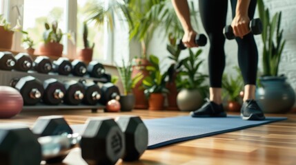 Fototapeta premium Creating a Cozy Home Gym Space: organizing exercise equipment with weights and yoga mat in a corner