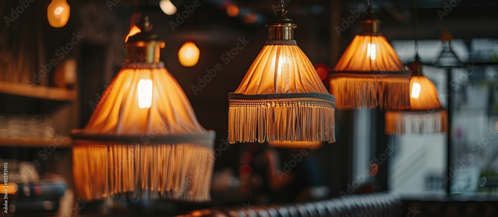 Poster view of brown lampshade with tassels in cafe. copy space image. place for adding text and design
