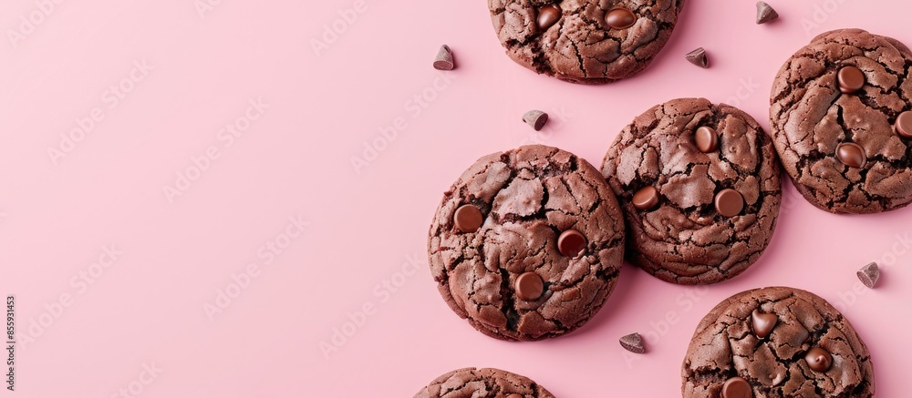 Poster homemade chocolate cookies isolated on pastel background. copy space image. place for adding text an