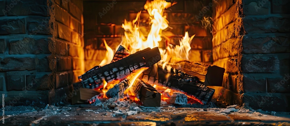 Poster a warm fire in a chimney. burning wood in the fireplace and the flames. copy space image. place for 