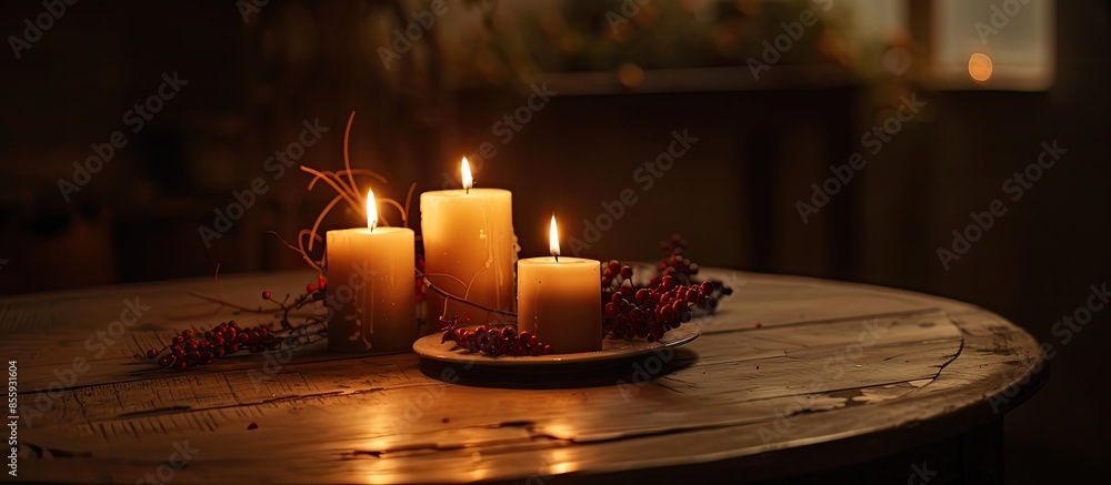 Poster new year's setting table with burning candles. copy space image. place for adding text and design