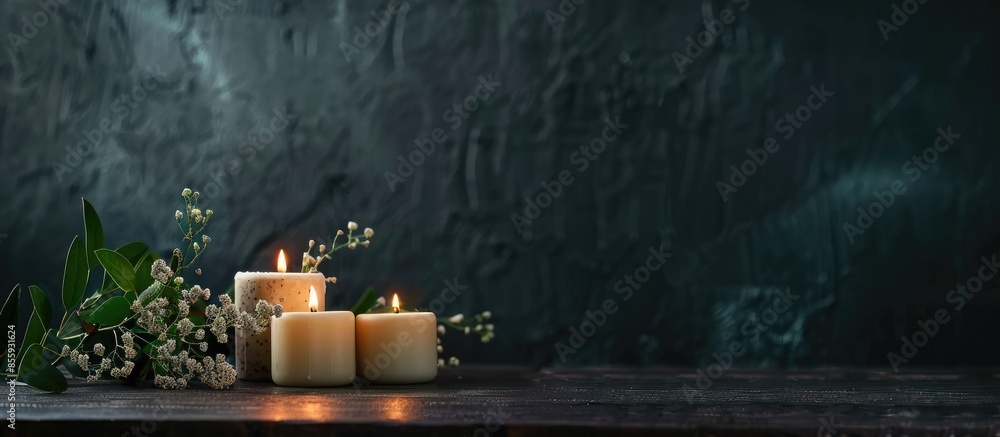 Poster beautiful aroma candles on table in dark room. copy space image. place for adding text and design