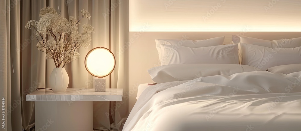 Poster circular lamp modern style on side table in luxury bedroom. copy space image. place for adding text 