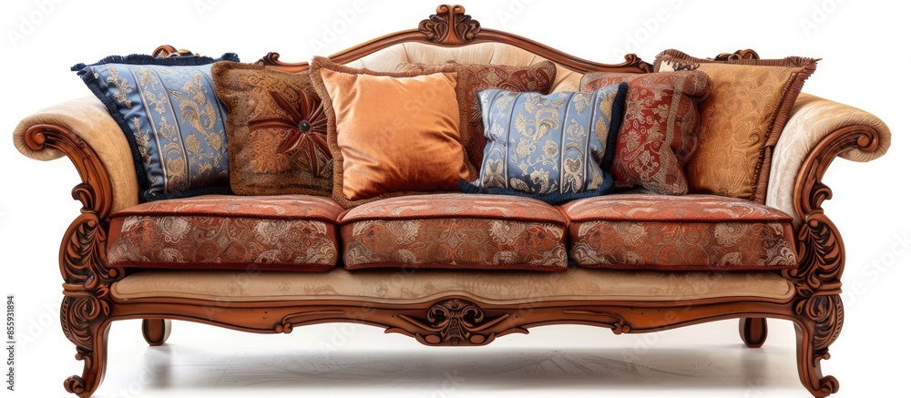 Poster Sofa with pillows. Copy space image. Place for adding text and design