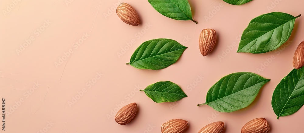 Sticker almond with green leaves Isolated on pastel background. Copy space image. Place for adding text and design