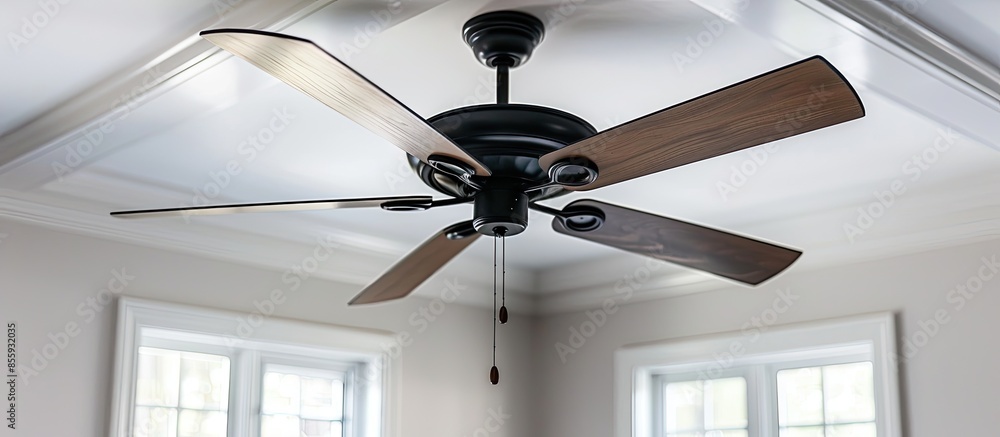 Poster ceiling fan with five blades hangs from white ceiling. copy space image. place for adding text and d