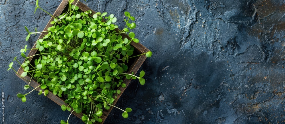 Poster fresh green microgreens in container. copy space image. place for adding text and design
