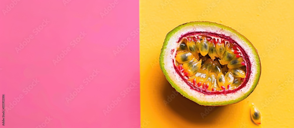 Aufkleber Slice of Passion fruit Isolated on pastel background. Copy space image. Place for adding text and design