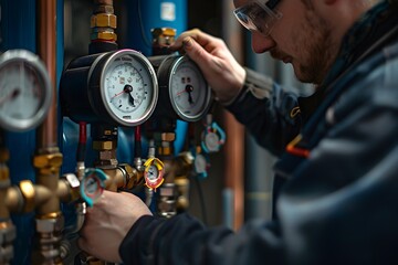 Technician fixing pressure gauge in factory