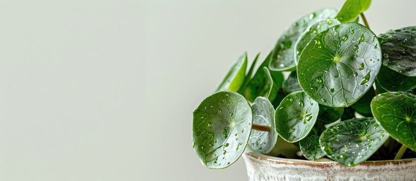pilea peperomioides, Chinese Money Plant, Ufo Plant or Pancake plant in retro modern design home decoration close-up. Copy space image. Place for adding text and design