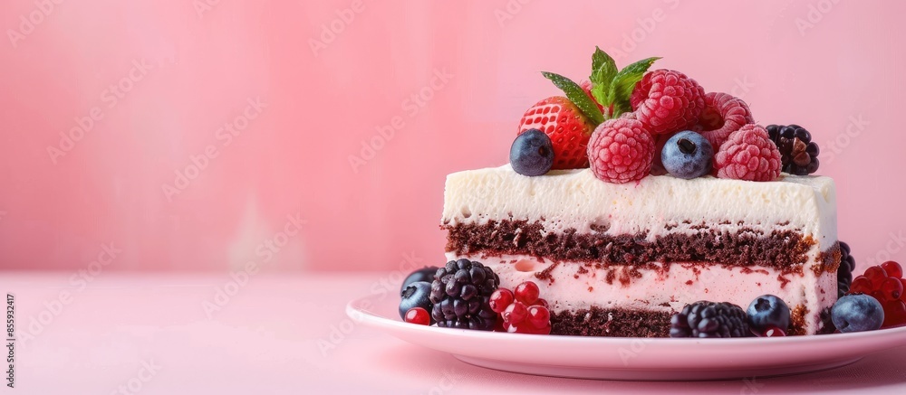 Aufkleber dessert cake with chocolate and berries pastel background. copy space image. place for adding text a