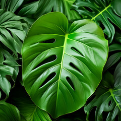 Green leaves of a philodendron plant. Nature leaves, green tropical forest, backgound concept