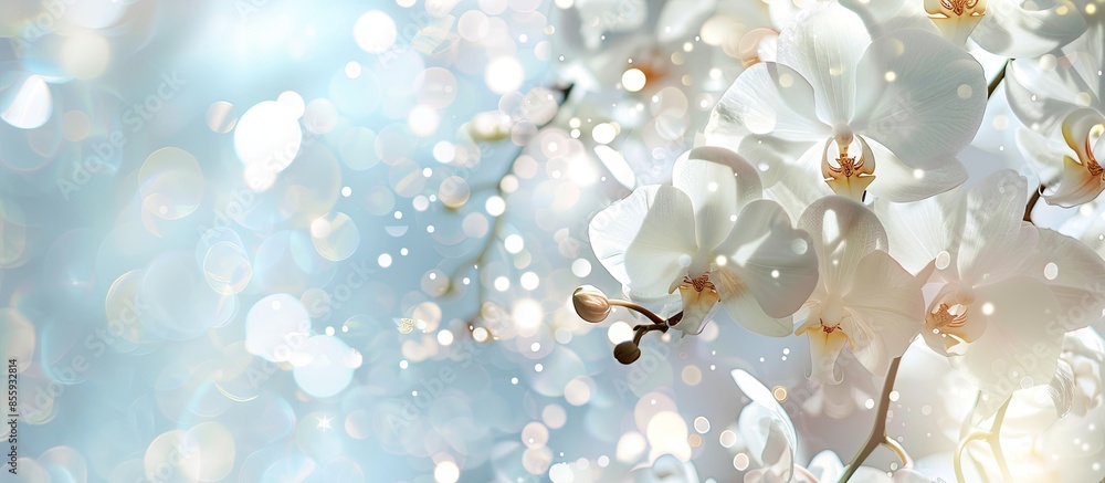 Poster white orchid pastel background orchid transparent spring. copy space image. place for adding text an