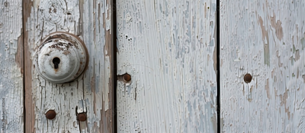 Poster white door, key knob. copy space image. place for adding text and design