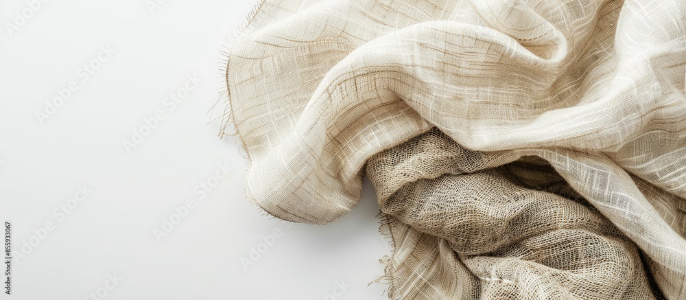Aufkleber beige fabric napkin on white background, top view. copy space image. place for adding text or design