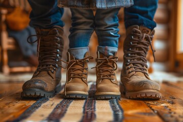 Two individuals on striped mat in boots