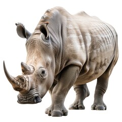 Fototapeta premium Majestic Rhinoceros with Prominent Horn Isolated on White Background