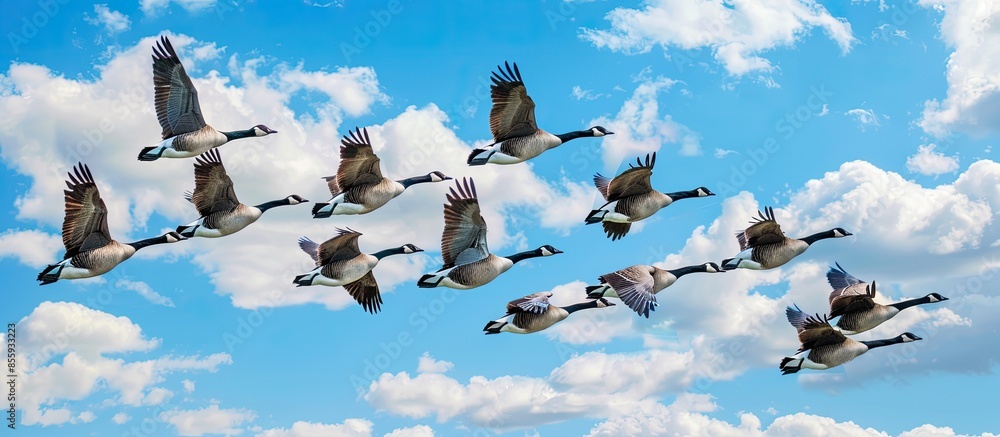 Aufkleber a flock of canadian geese flying in the sky. copy space image. place for adding text or design