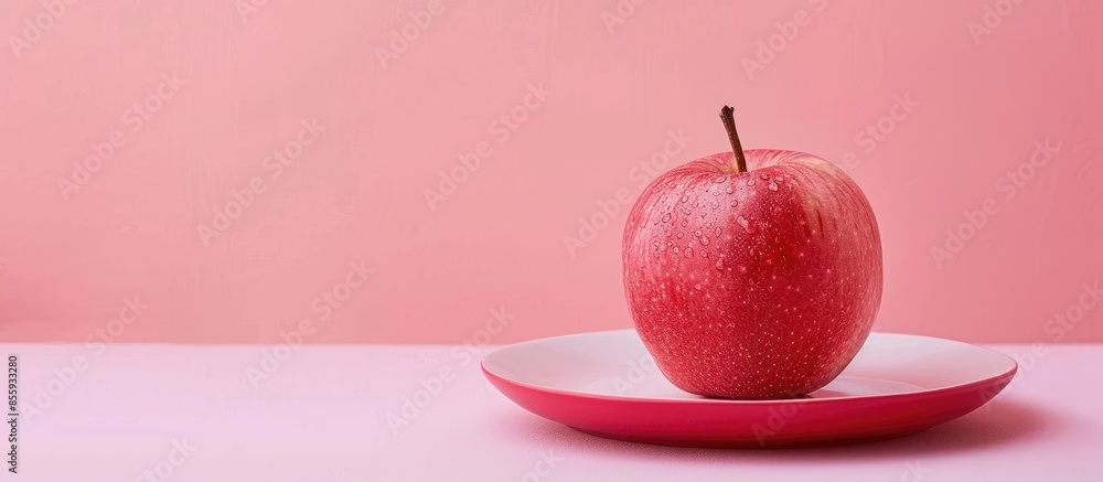 Poster ripe red apple in plate. isolated on a pastel background. copy space image. place for adding text an