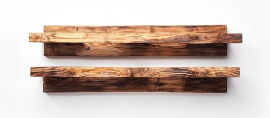 Shelves made of teak on a white background. Copy space image. Place for adding text and design