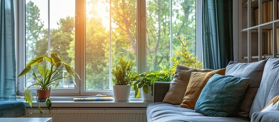 Views of cozy bright apartment with big window. Copy space image. Place for adding text and design